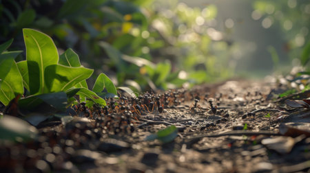 Ants marching in a line along a leafy trail, carrying food back to their colonyの素材