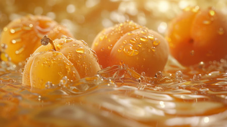 Tranquil scene of water droplets resting on the velvety skin of a ripe apricotの素材