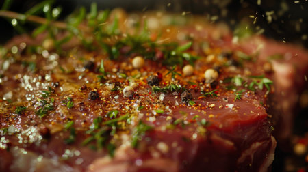 Close-up of a succulent steak being seasoned with herbs and spices before cookingの素材