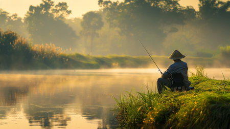 Serene scene of a fisherman patiently waiting with a fishing rod by the riverbankの素材