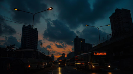 Silhouettes of buildings and vehicles against the darkening sky of an urban eveningの素材