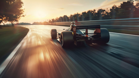 Dynamic shot of a Formula 1 car speeding down a straightaway at incredible speedsの素材
