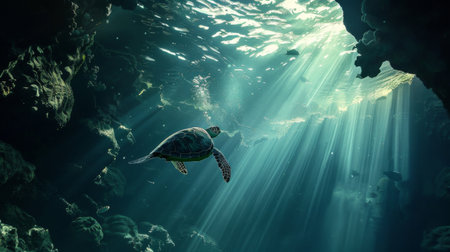 A sea turtle gliding through a sunlit underwater cave, exploring its habitatの素材