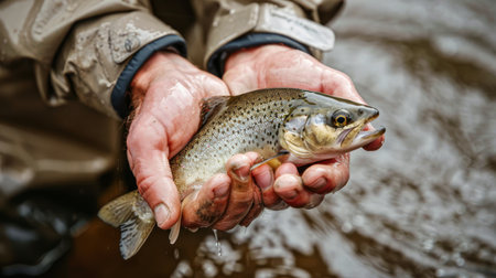 Close-up of a fisherman's hands holding a freshly caught fish against the backdrop of the riverの素材