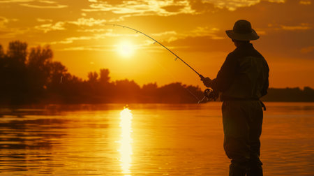 Close-up of a fisherman's silhouette against the backdrop of a golden sunset over the riverの素材
