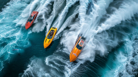 Heart-pounding action as speedboats compete in a water race, creating wavesの素材