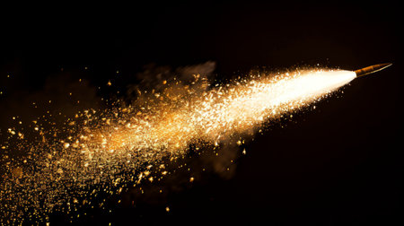 The launch of a massive fireworks rocket, trailing sparks as it ascends into the nightの素材