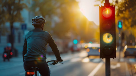 A cyclist waiting at a traffic light intersection, promoting road safety and awareness for all commuters.の素材