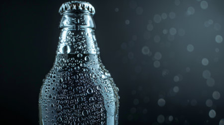 A refreshing glass bottle adorned with droplets of condensation, signaling its chilled contentsの素材