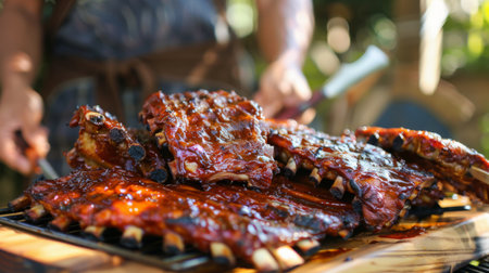 A barbecue enthusiast showing off a platter of homemade pork ribs, proud of their grilling skills.の素材