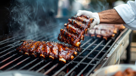 A chef flipping pork ribs on the grill with precision, ensuring even cooking and perfect char marks.の素材