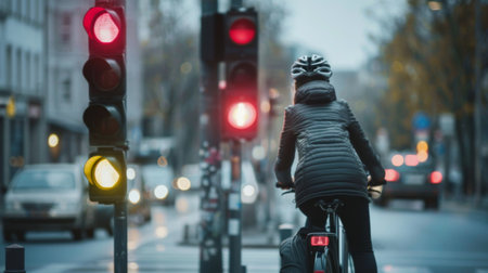 A cyclist waiting at a traffic light intersection, promoting road safety and awareness for all commuters.の素材