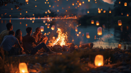 A group of friends gathering around a bonfire with floating lanterns in the background, enjoying a memorable evening.の素材