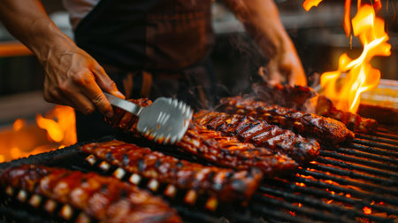 A chef flipping pork ribs on the grill with precision, ensuring even cooking and perfect char marks.の素材