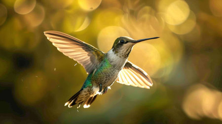 hummingbird hovering mid-air, its iridescent feathers catching the sunlightの素材