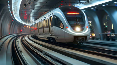 High-speed subway train speeding through a curved track, showcasing efficient urban transportation.の素材