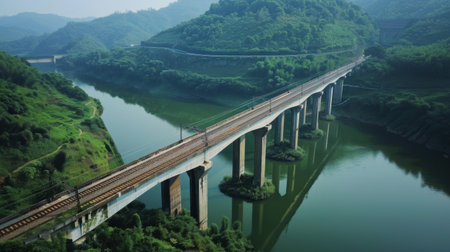 High-speed rail bridge spanning over a river, a testament to infrastructure development and connectivity.の素材