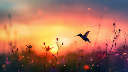 Hummingbird silhouetted against a colorful sunset sky, a fleeting moment of natural beautyの素材