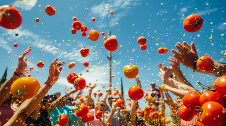 Joyful participants throwing ripe tomatoes at each other in a playful tomato fightの素材