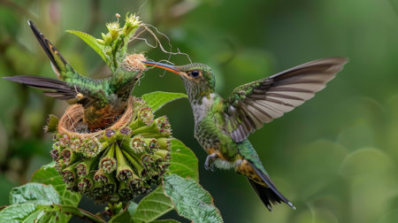 Hummingbird gathering nesting material from a plant, preparing to build its nestの素材