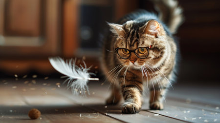 Playful overweight cat wearing glasses batting at a feather toy, showcasing its playful and inquisitive nature.の素材