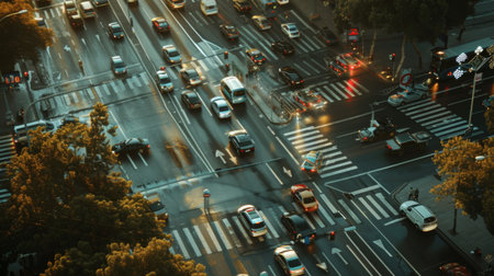 High angle view of a busy road junction with synchronized traffic lights, ensuring efficient traffic management.の素材