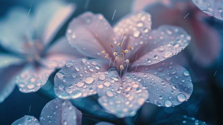 Macro shot of raindrops on the delicate petals of a blooming flower, showcasing nature's eleganceの素材