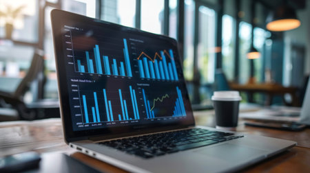Laptop screen showing a bar graph depicting quarterly sales performance in a business meetingの素材