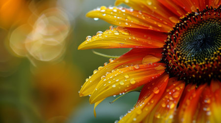 Raindrops clinging to the vibrant petals of a freshly bloomed sunflower, enhancing its radianceの素材