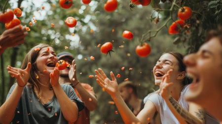 Joyful participants throwing ripe tomatoes at each other in a playful tomato fightの素材
