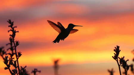 Hummingbird silhouetted against a colorful sunset sky, a fleeting moment of natural beautyの素材