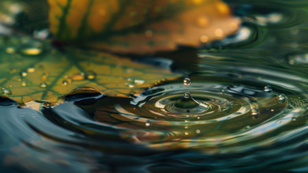 Macro shot of raindrops creating ripples on a leaf's surface, a miniature aquatic world.の素材