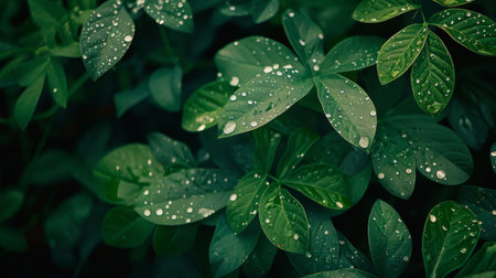 Macro shot capturing raindrops resting on the surface of lush green leaves in a forestの素材