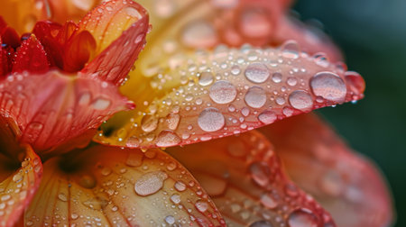 Macro shot of raindrops on the delicate petals of a blooming flower, showcasing nature's eleganceの素材