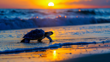 Sunset silhouette of a sea turtle returning to the ocean after laying her eggs on the beachの素材