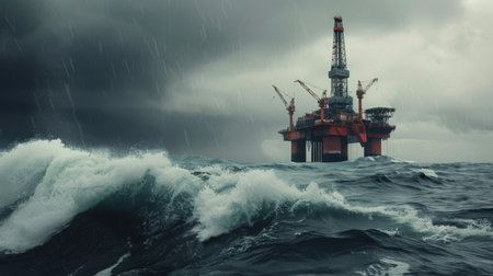 Massive offshore drilling rig towering above the waves, a testament to human innovation and resource extraction.の素材