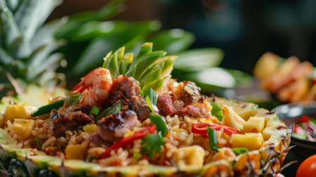Thai-style fried rice served in a pineapple boat, adorned with colorful vegetables and succulent pieces of meat.の素材