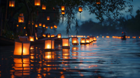 Rows of floating lanterns glowing in the twilight, creating a magical pathway on the water's surface.の素材