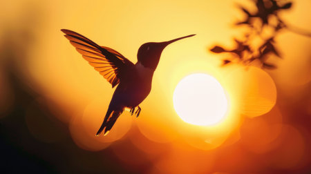 Silhouette of a hummingbird against the setting sun, a symbol of grace and freedomの素材