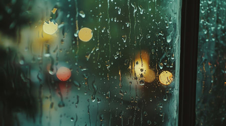 Raindrops gently falling onto the windowpane, creating a soothing backdropの素材