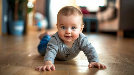 Playful infant crawling across the floor, exploring their surroundings with curiosityの素材