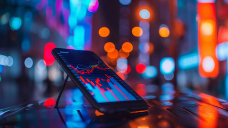 Smartphone screen showing real-time stock market data with colorful graphs and charts, empowering investors with information.の素材