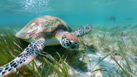 Sea turtle feeding on seagrass in a shallow coastal lagoon, a vital part of its dietの素材