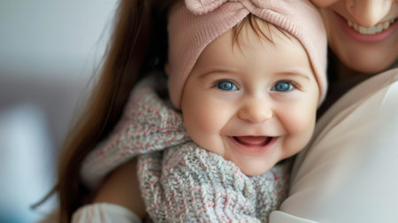 Sweet baby girl smiling while being gently cradled in her mother's armsの素材