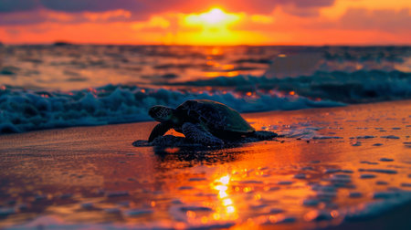 Sunset silhouette of a sea turtle returning to the ocean after laying her eggs on the beachの素材