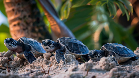Sea turtle hatchlings emerging from their nest and making their journey to the oceanの素材