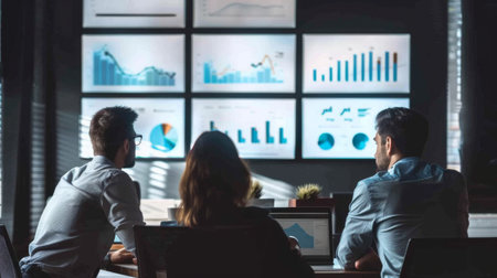 Team discussing business strategy with graphs and diagrams displayed on a conference room screenの素材