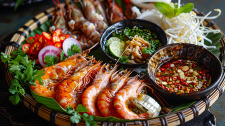 Thai-style grilled seafood platter featuring prawns, squid, and fish, served with spicy dipping sauces and fragrant herbs.の素材