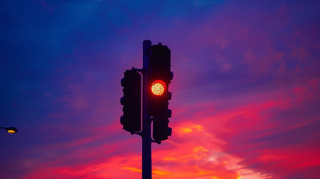 Silhouette of a traffic light against a colorful sunset sky, signaling the end of the day's commute.の素材