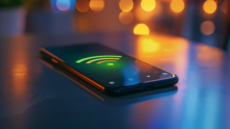 Smartphone screen displaying a strong Wi-Fi signal indicator, ensuring uninterrupted connectivity on the go.の素材